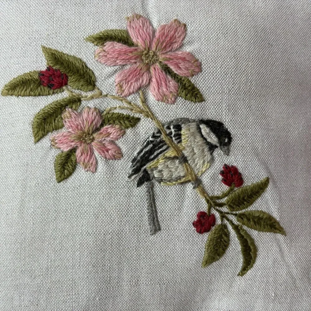 Vintage Embroidery Bird Flowers Throw Pillow Handmade 9” Cottagecore Farmhouse